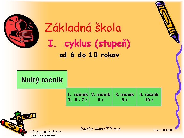 Základná škola I. cyklus (stupeň) od 6 do 10 rokov Nultý ročník 1. ročník