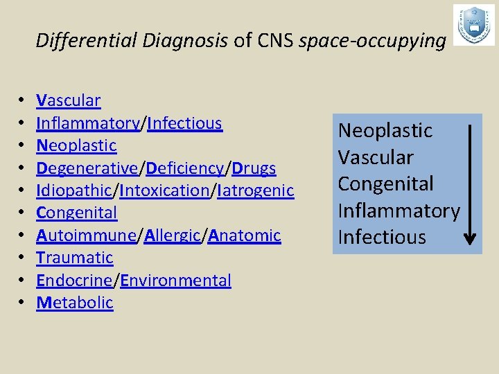 Differential Diagnosis of CNS space-occupying • • • Vascular Inflammatory/Infectious Neoplastic Degenerative/Deficiency/Drugs Idiopathic/Intoxication/Iatrogenic Congenital