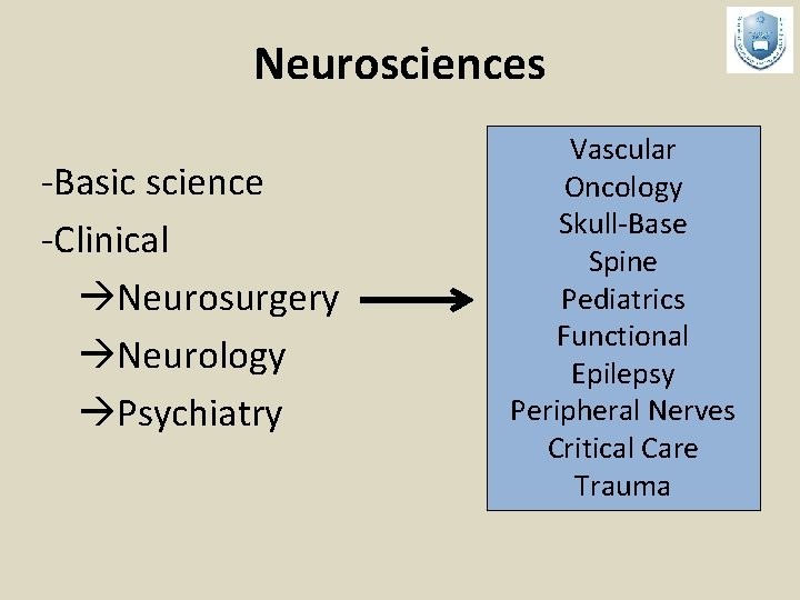 Neurosciences -Basic science -Clinical Neurosurgery Neurology Psychiatry Vascular Oncology Skull-Base Spine Pediatrics Functional Epilepsy