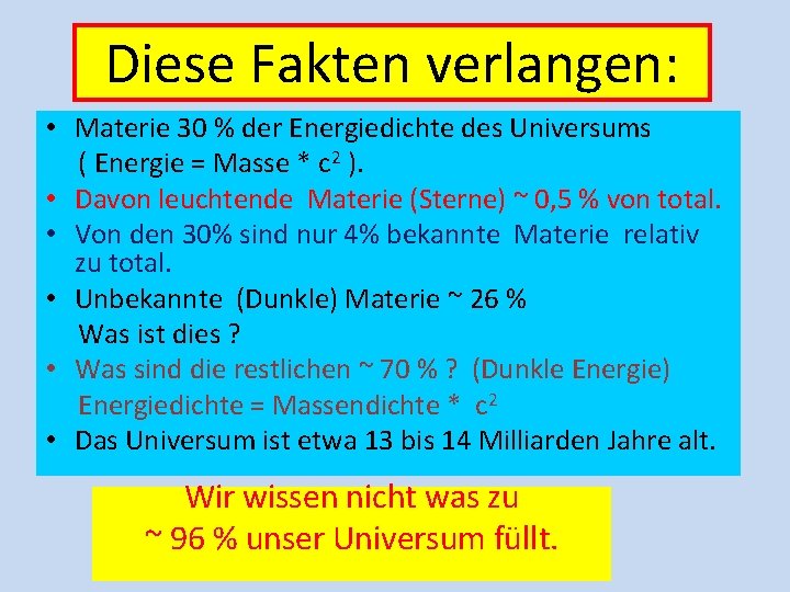 Diese Fakten verlangen: • Materie 30 % der Energiedichte des Universums ( Energie =