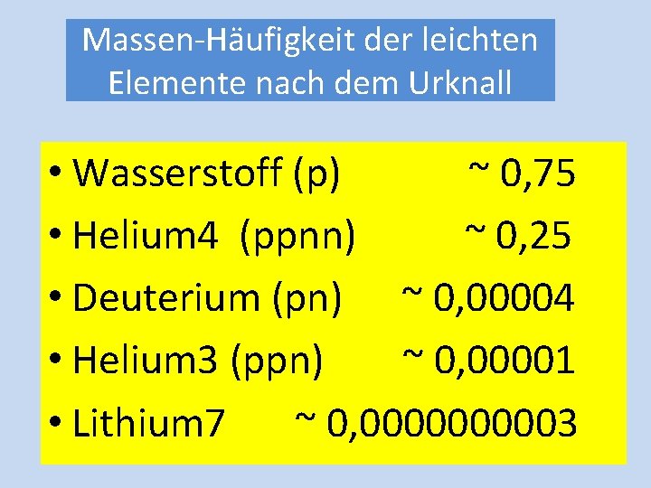 Massen-Häufigkeit der leichten Elemente nach dem Urknall • Wasserstoff (p) ~ 0, 75 •