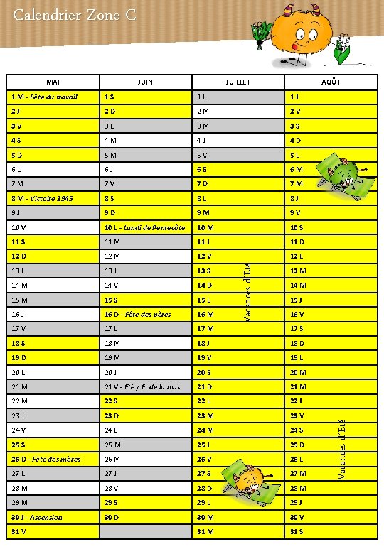 Calendrier Zone C JUIN JUILLET AOÛT 1 S 1 L 1 J 2 D