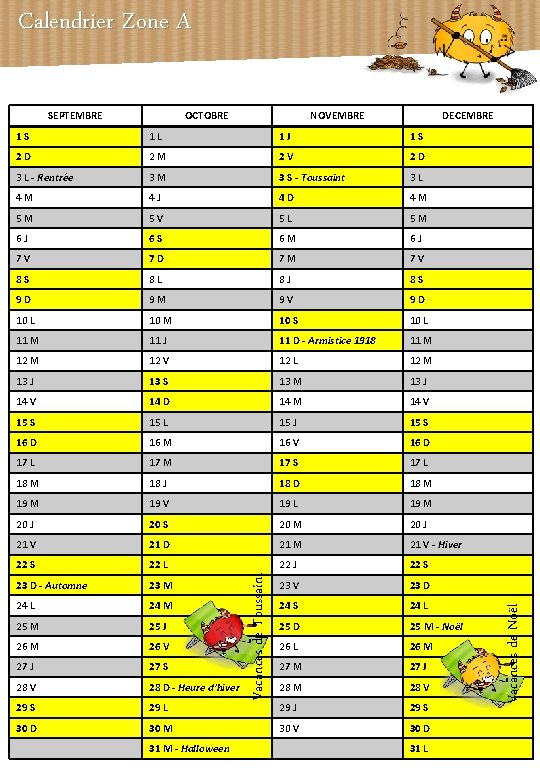 Calendrier Zone A OCTOBRE NOVEMBRE DECEMBRE 1 L 1 J 1 S 2 D