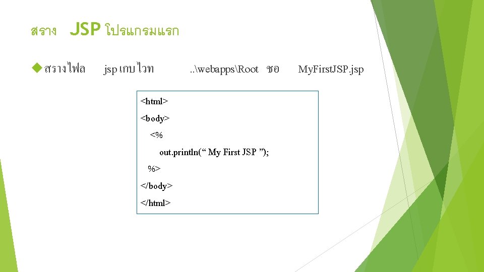 สราง JSP โปรแกรมแรก สรางไฟล jsp เกบไวท . . webappsRoot ชอ My. First. JSP. jsp