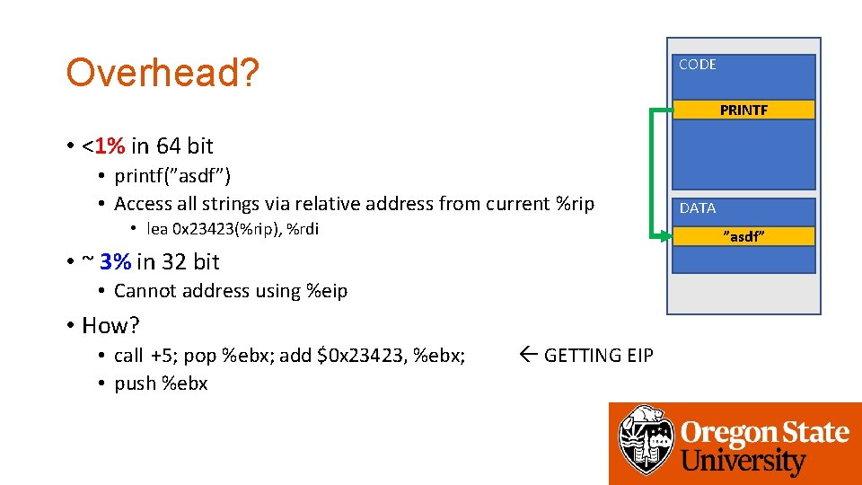 Overhead? CODE PRINTF • <1% in 64 bit • printf(”asdf”) • Access all strings