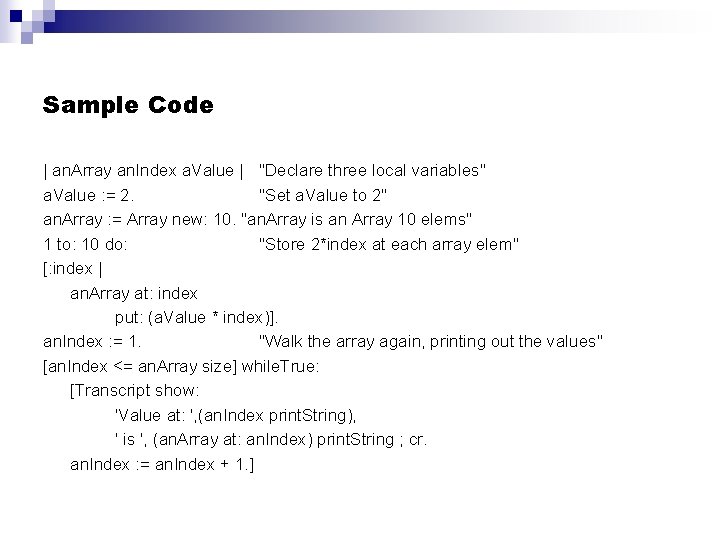 Sample Code | an. Array an. Index a. Value | "Declare three local variables"