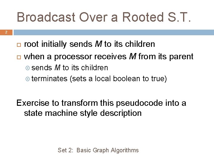 Broadcast Over a Rooted S. T. 2 root initially sends M to its children