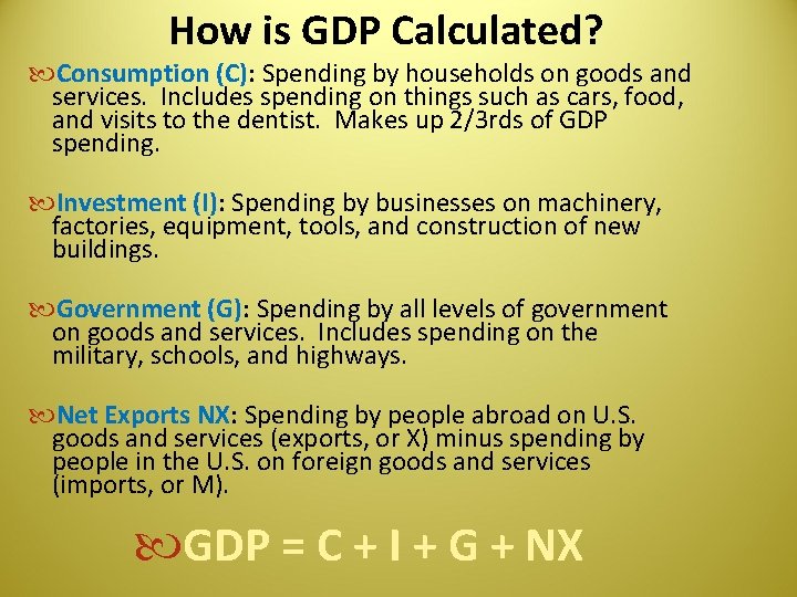 How is GDP Calculated? Consumption (C): Spending by households on goods and services. Includes