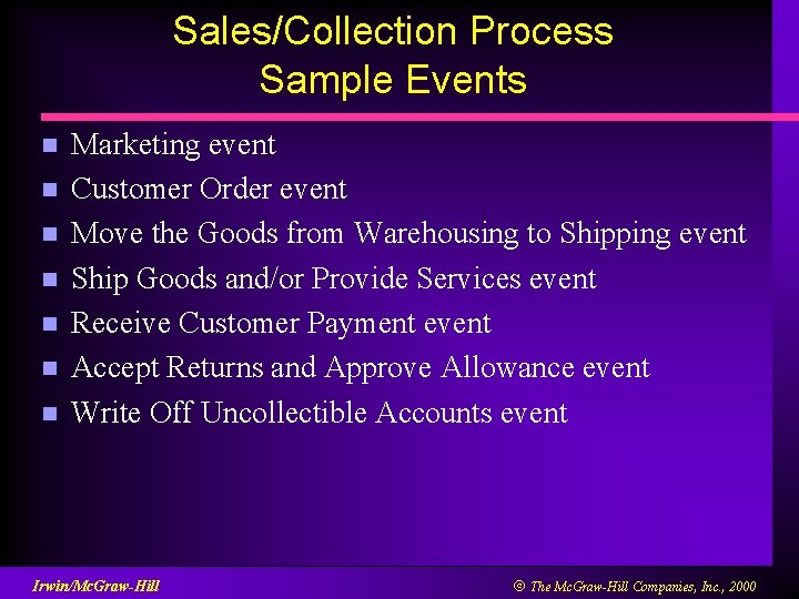 Sales/Collection Process Sample Events n n n n Marketing event Customer Order event Move