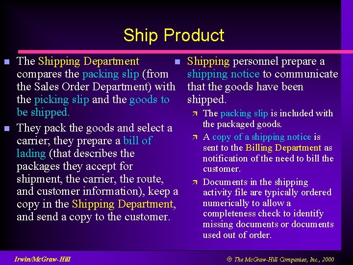 Ship Product n n The Shipping Department n compares the packing slip (from the