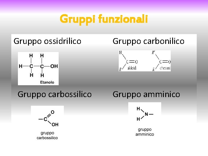 Gruppi funzionali Gruppo ossidrilico Gruppo carbossilico Gruppo carbonilico Gruppo amminico 