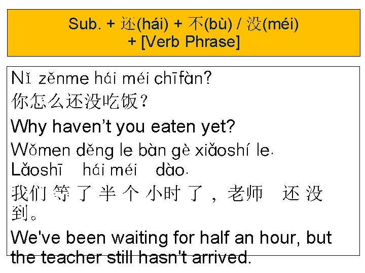Sub. + 还(hái) + 不(bù) / 没(méi) + [Verb Phrase] Nǐ zěnme hái méi
