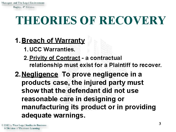 THEORIES OF RECOVERY 1. Breach of Warranty 1. UCC Warranties. 2. Privity of Contract
