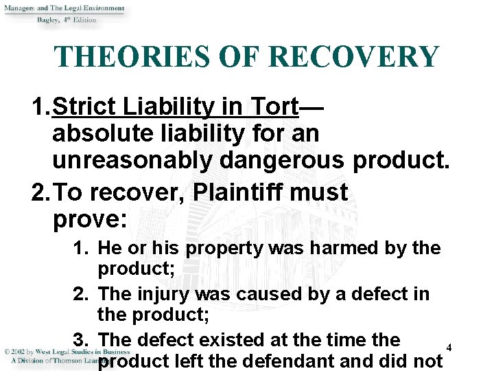 THEORIES OF RECOVERY 1. Strict Liability in Tort— absolute liability for an unreasonably dangerous