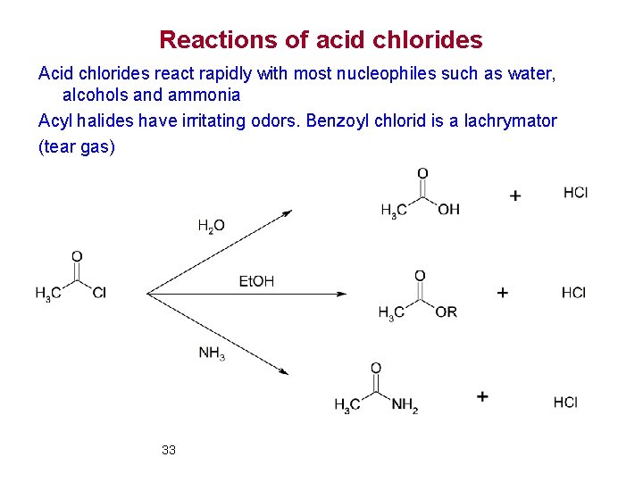 Reactions of acid chlorides Acid chlorides react rapidly with most nucleophiles such as water,