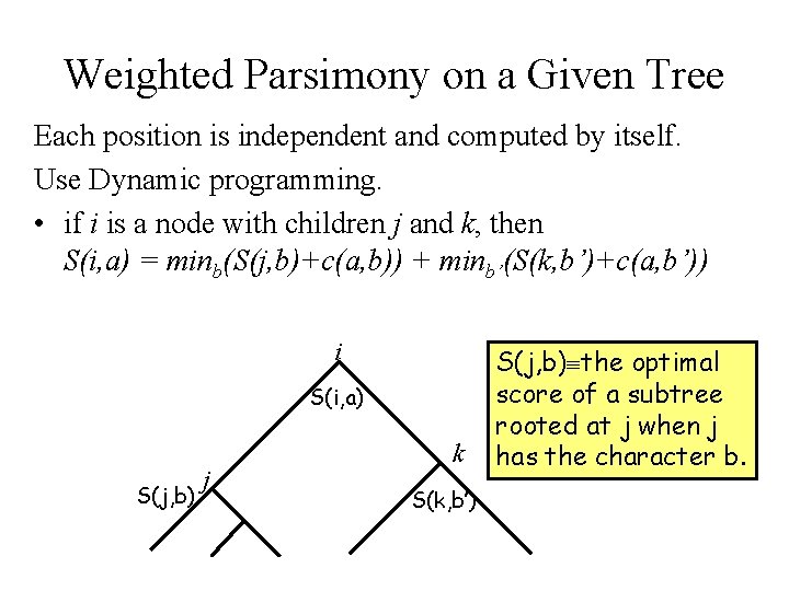Weighted Parsimony on a Given Tree Each position is independent and computed by itself. Weighted Parsimony on a Given Tree Each position is independent and computed by itself.