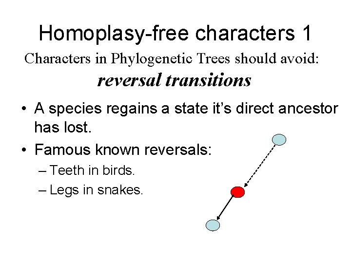 Homoplasy-free characters 1 Characters in Phylogenetic Trees should avoid: reversal transitions • A species Homoplasy-free characters 1 Characters in Phylogenetic Trees should avoid: reversal transitions • A species