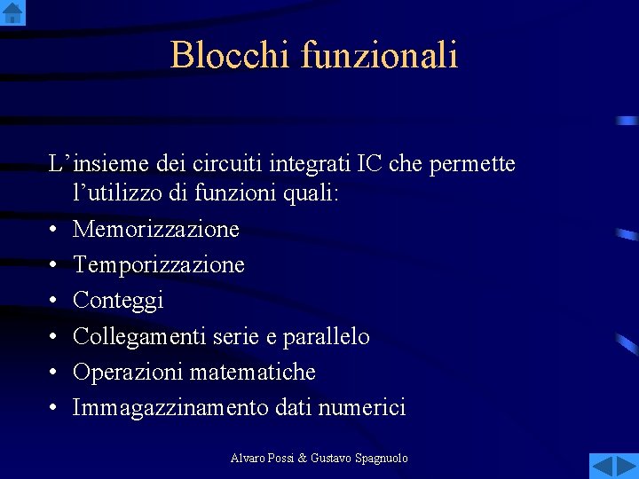 Blocchi funzionali L’insieme dei circuiti integrati IC che permette l’utilizzo di funzioni quali: •