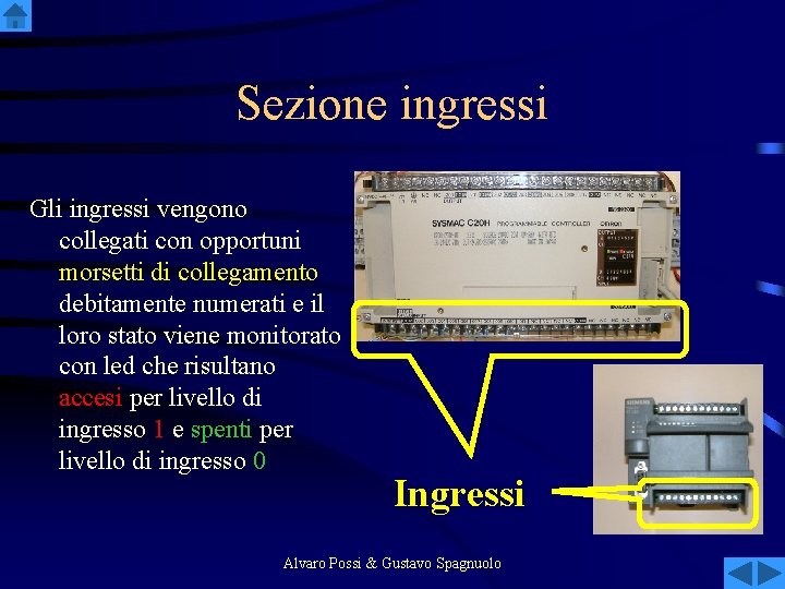 Sezione ingressi Gli ingressi vengono collegati con opportuni morsetti di collegamento debitamente numerati e