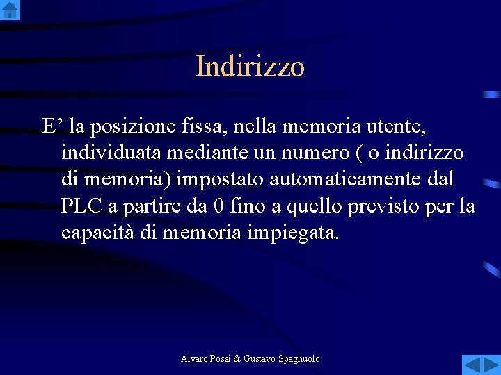 Indirizzo E’ la posizione fissa, nella memoria utente, individuata mediante un numero ( o