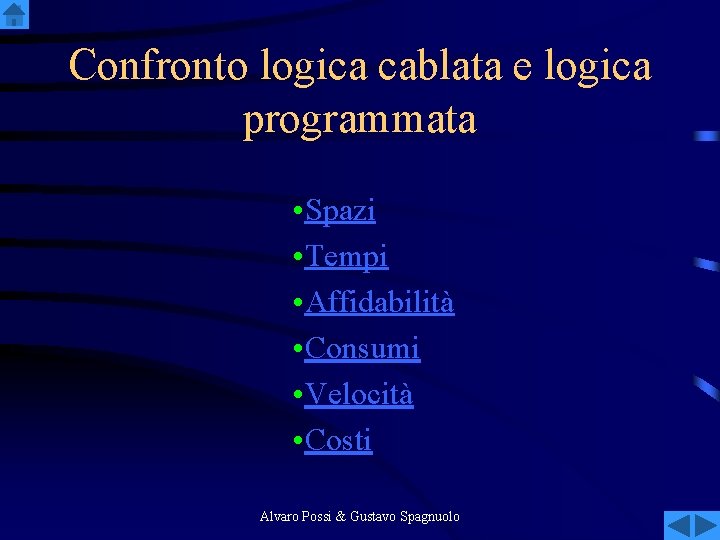 Confronto logica cablata e logica programmata • Spazi • Tempi • Affidabilità • Consumi
