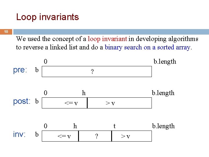Loop invariants 10 We used the concept of a loop invariant in developing algorithms