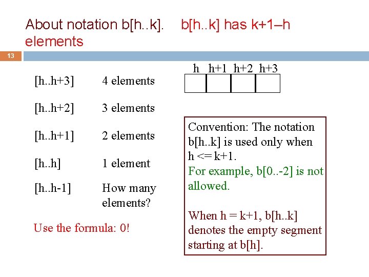 About notation b[h. . k]. elements b[h. . k] has k+1–h 13 [h. .