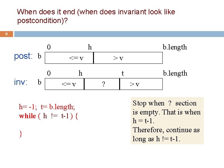 When does it end (when does invariant look like postcondition)? 6 post: b inv: