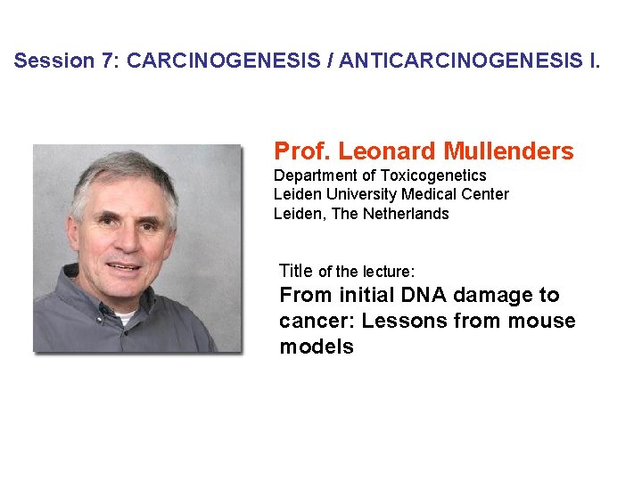 Session 7: CARCINOGENESIS / ANTICARCINOGENESIS I. Prof. Leonard Mullenders Department of Toxicogenetics Leiden University