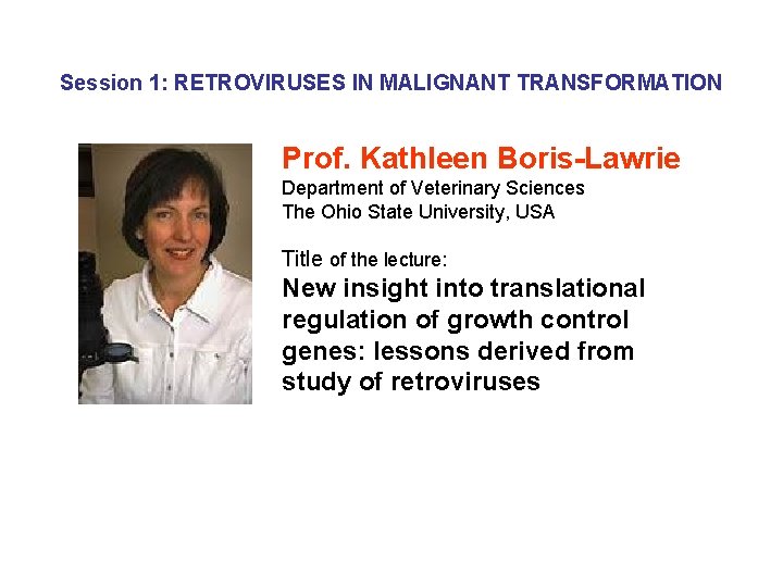 Session 1: RETROVIRUSES IN MALIGNANT TRANSFORMATION Prof. Kathleen Boris-Lawrie Department of Veterinary Sciences The