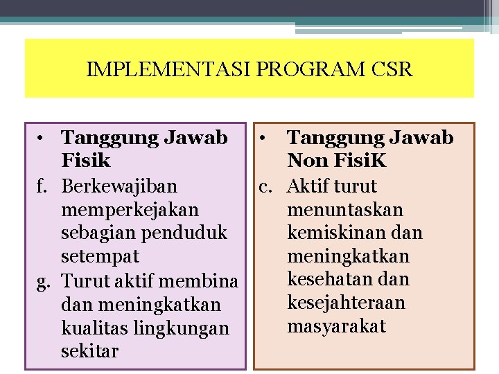 IMPLEMENTASI PROGRAM CSR • Tanggung Jawab • Fisik f. Berkewajiban c. memperkejakan sebagian penduduk IMPLEMENTASI PROGRAM CSR • Tanggung Jawab • Fisik f. Berkewajiban c. memperkejakan sebagian penduduk