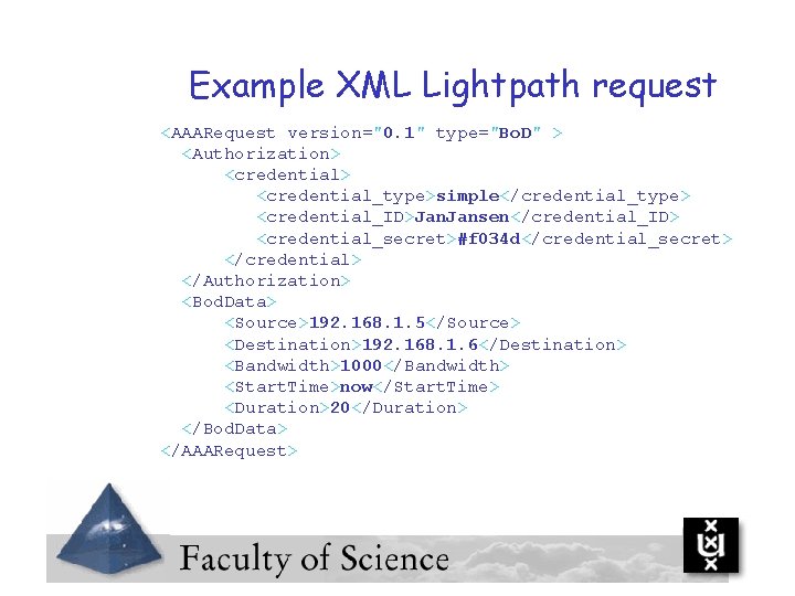 Example XML Lightpath request <AAARequest version="0. 1" type="Bo. D" > <Authorization> <credential> <credential_type>simple</credential_type> <credential_ID>Jan.