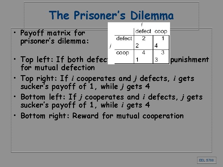 The Prisoner’s Dilemma • Payoff matrix for prisoner’s dilemma: • Top left: If both The Prisoner’s Dilemma • Payoff matrix for prisoner’s dilemma: • Top left: If both