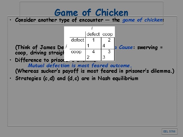 Game of Chicken • Consider another type of encounter — the game of chicken: Game of Chicken • Consider another type of encounter — the game of chicken: