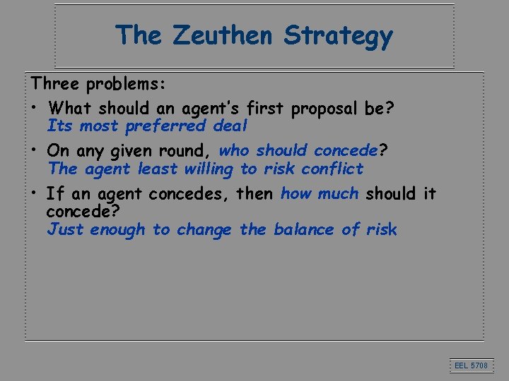 The Zeuthen Strategy Three problems: • What should an agent’s first proposal be? Its The Zeuthen Strategy Three problems: • What should an agent’s first proposal be? Its