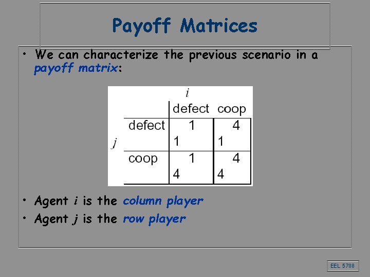 Payoff Matrices • We can characterize the previous scenario in a payoff matrix: • Payoff Matrices • We can characterize the previous scenario in a payoff matrix: •