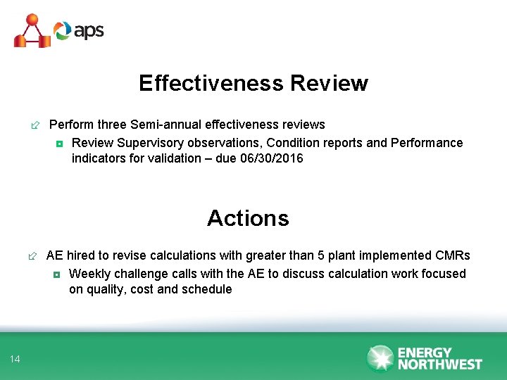 Effectiveness Review ÷ Perform three Semi-annual effectiveness reviews ◘ Review Supervisory observations, Condition reports