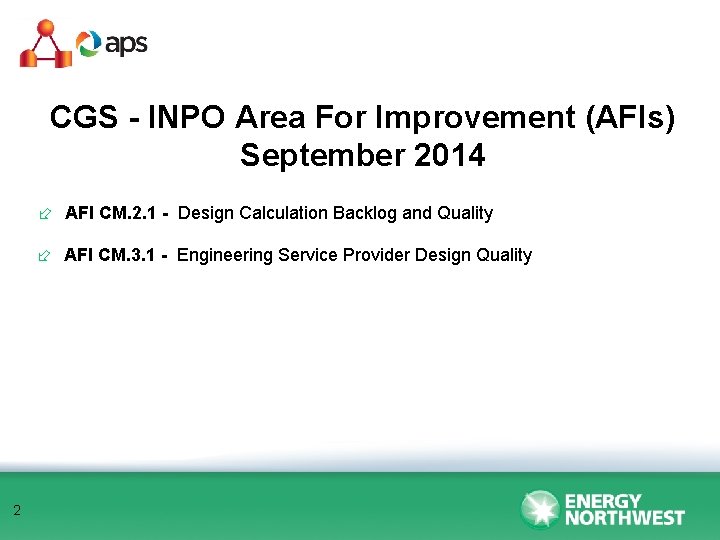 CGS - INPO Area For Improvement (AFIs) September 2014 ÷ AFI CM. 2. 1