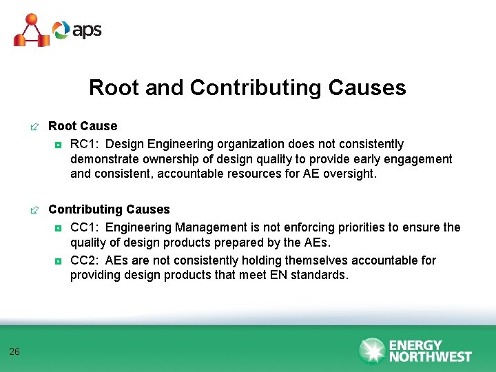 Root and Contributing Causes ÷ Root Cause ◘ RC 1: Design Engineering organization does