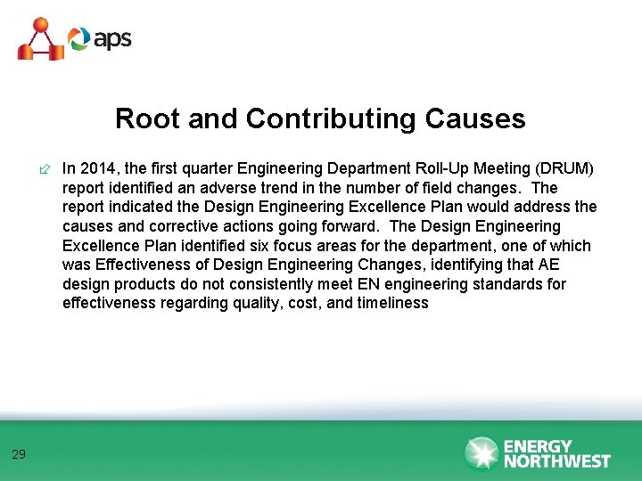 Root and Contributing Causes ÷ In 2014, the first quarter Engineering Department Roll-Up Meeting