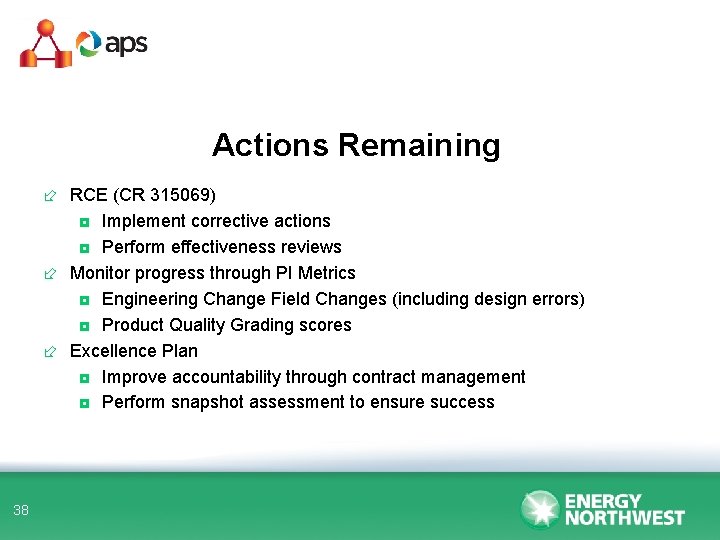 Actions Remaining ÷ RCE (CR 315069) ◘ Implement corrective actions ◘ Perform effectiveness reviews