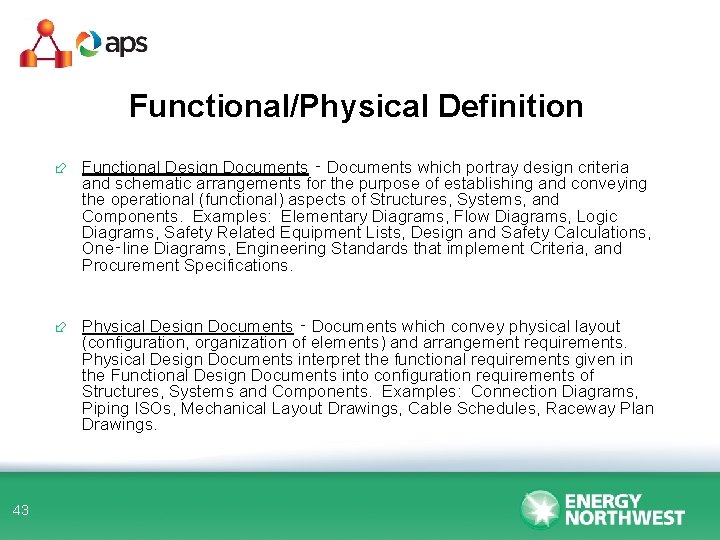 Functional/Physical Definition ÷ Functional Design Documents ‑ Documents which portray design criteria and schematic