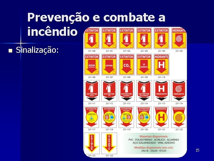 Prevenção e combate a incêndio n Sinalização: 15 