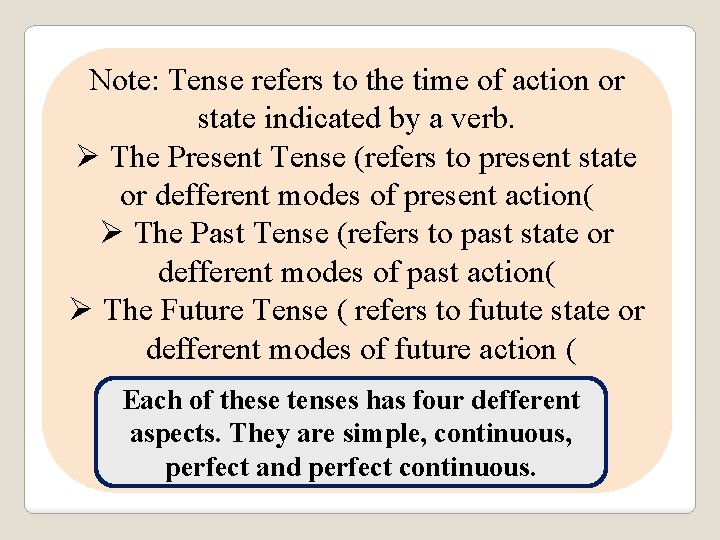 Note: Tense refers to the time of action or state indicated by a verb.