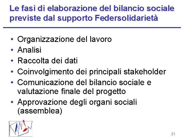 Le fasi di elaborazione del bilancio sociale previste dal supporto Federsolidarietà • • •