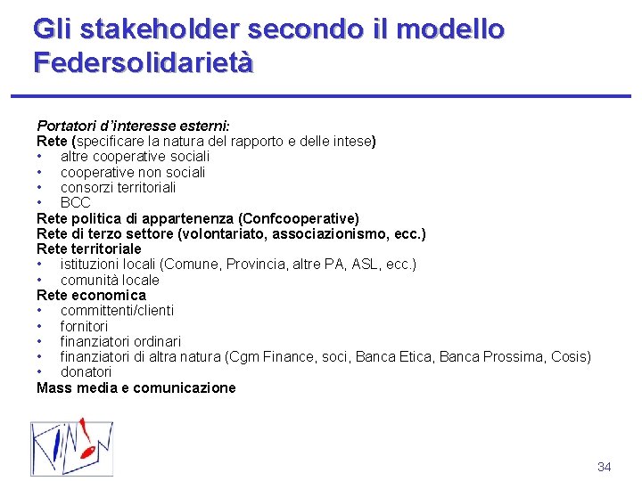 Gli stakeholder secondo il modello Federsolidarietà Portatori d’interesse esterni: Rete (specificare la natura del