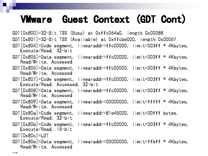 VMware Guest Context (GDT Cont) GDT[0 x 800]=32 -Bit TSS (Busy) at 0 xffc