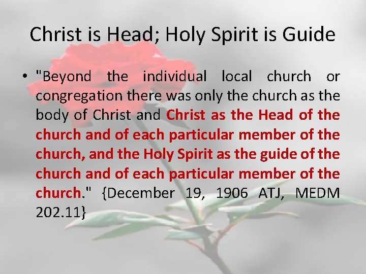 Christ is Head; Holy Spirit is Guide • "Beyond the individual local church or