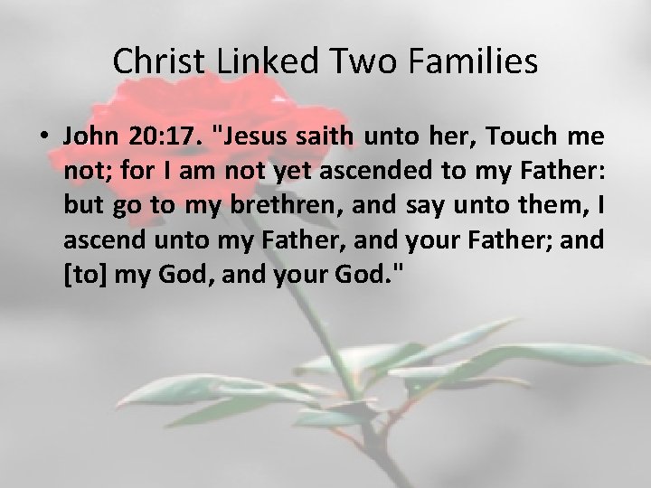 Christ Linked Two Families • John 20: 17. "Jesus saith unto her, Touch me