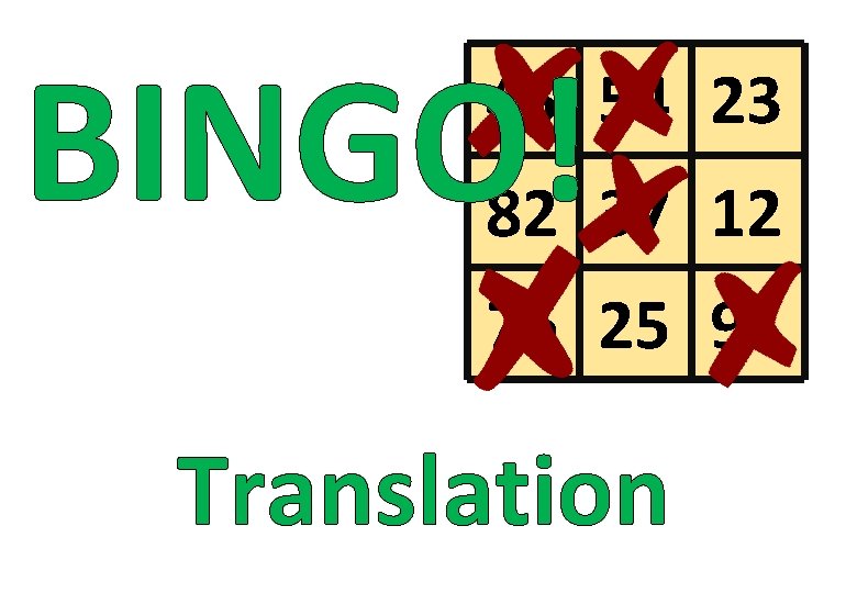 BINGO! 45 54 23 82 37 12 76 25 91 Translation 